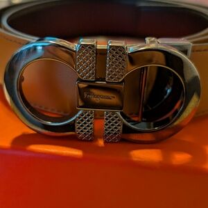 Ferragamo Reversible Tan Leather Belt with Silver Buckle.